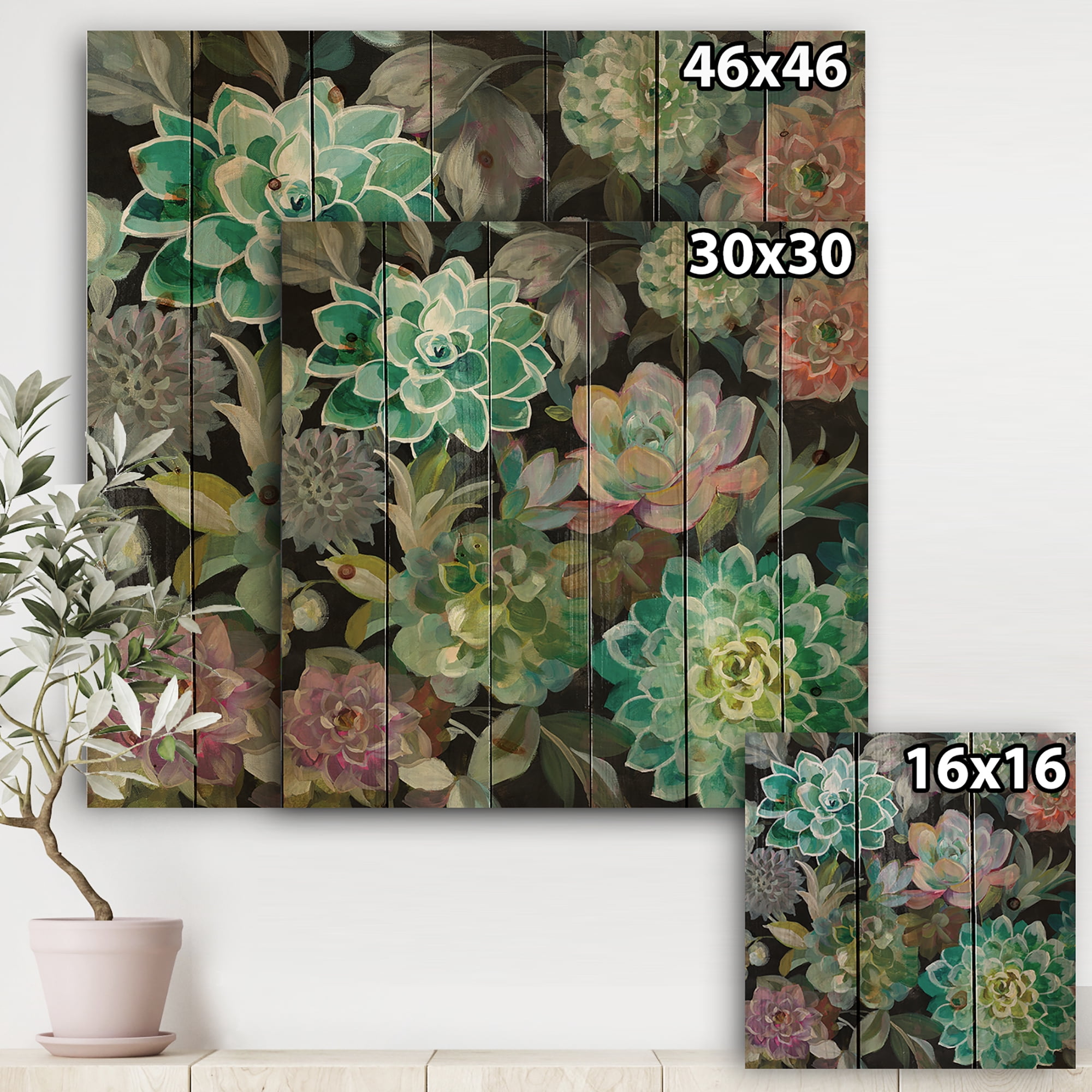 Designart 'Succulents Abstract Floral ' Traditional Print on Natural Pine Wood