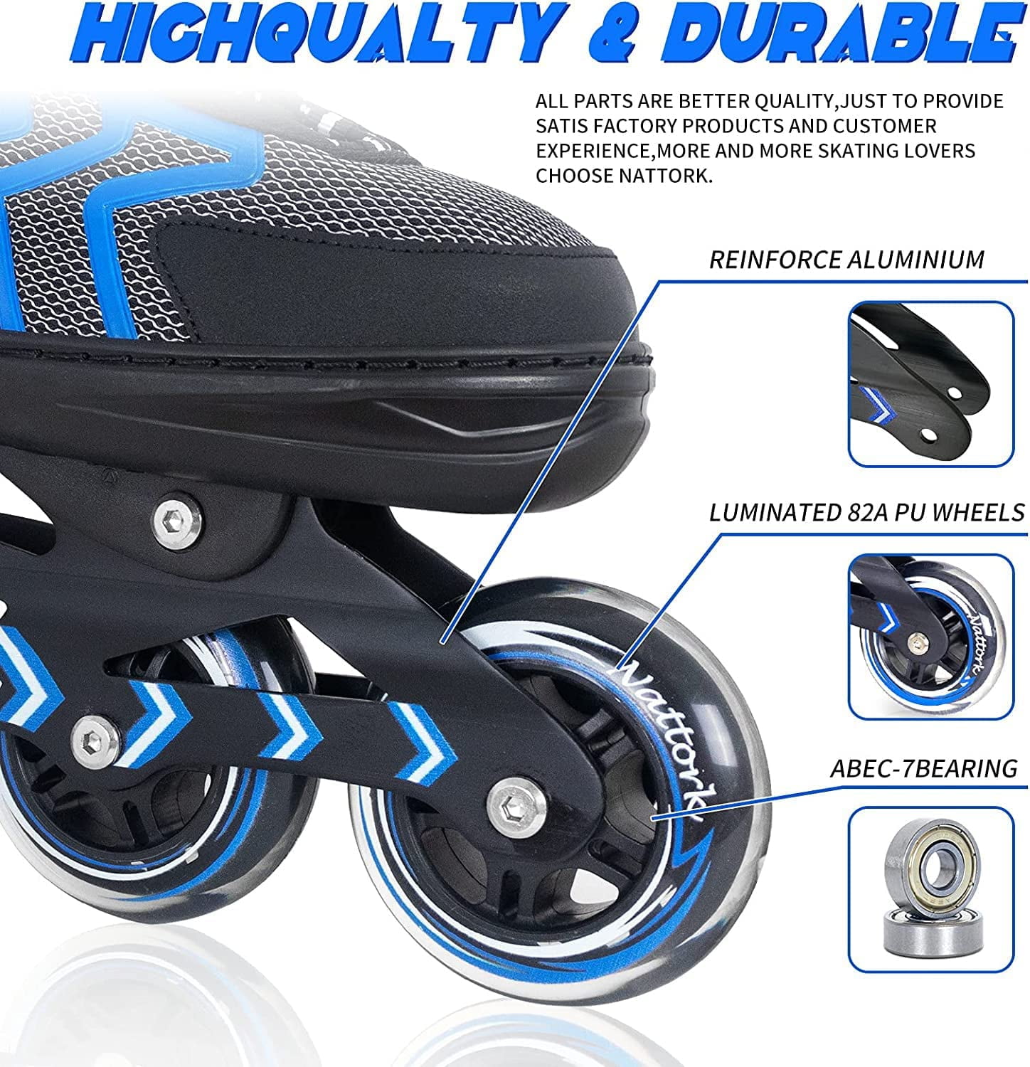 SubSun Inline Skates for Adults Men Women Adjustable Aggressive Durable Roller Blades with Giant Wheels Blue S