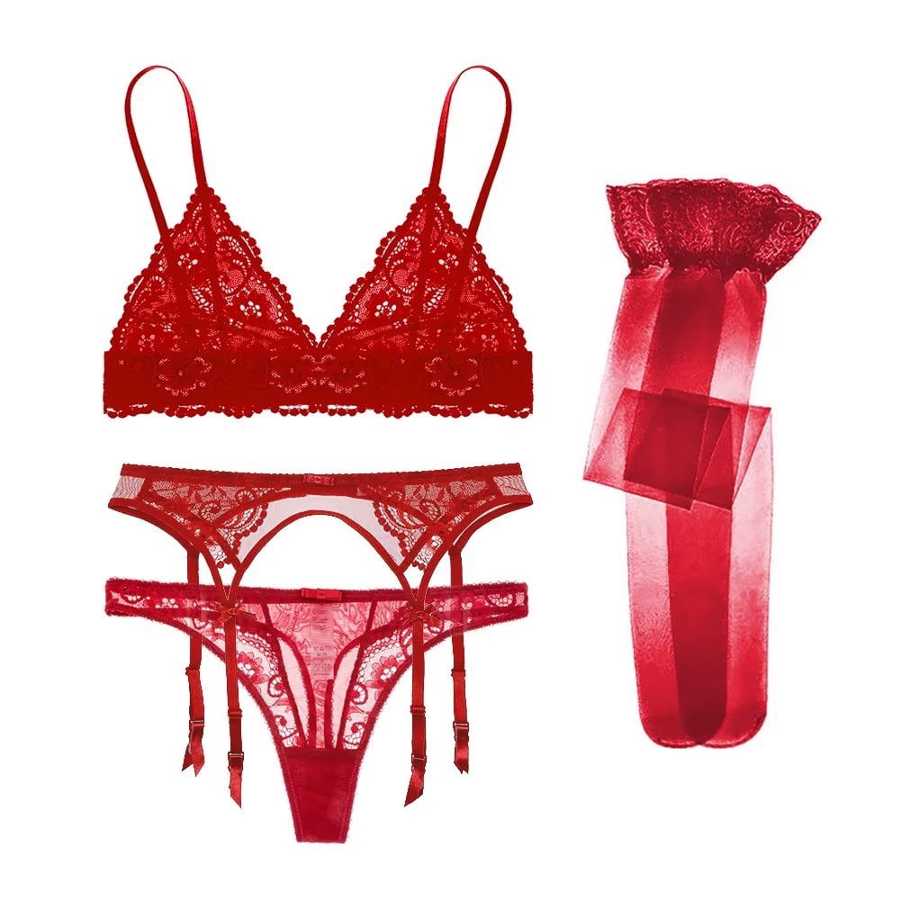 Women's Lace Bra and Panty Sets Lace Matching 4 Piece Lingerie Set