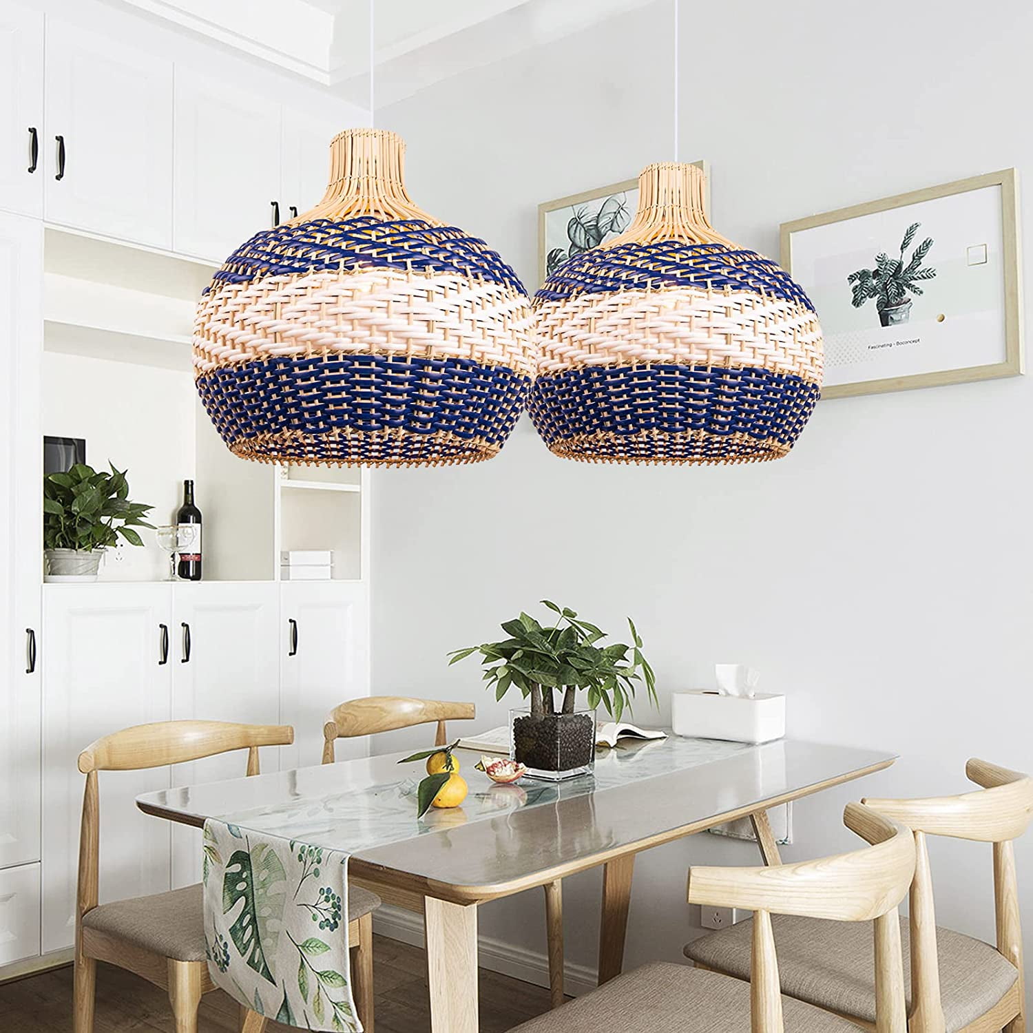 Arturesthome Hand-Woven Rattan Chandelier, Rattan Pendant Light Fixtures Ceiling, Wicker Hanging Lamp for Dining Room Bedroom Kitchen Island Blue
