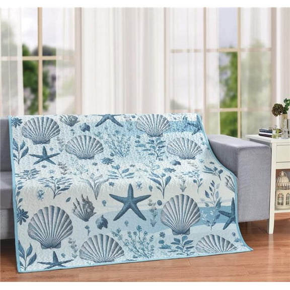 De Leon Collections 63868 Ocean Serenity Sea Starfish Seashell Blue & White Nautical 60 x 50 Decorative Quilt Throw Blanket
