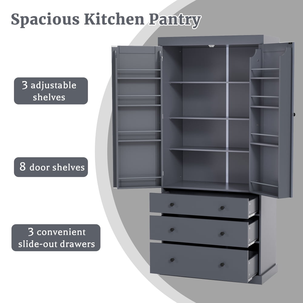 77" Farmhouse Kitchen Pantry - Freestanding Tall Cupboard Storage Cabinet with 3 Adjustable Shelves, 8 Door Shelves, 3 Drawers for Kitchen, Dining Room, Pantry Organization