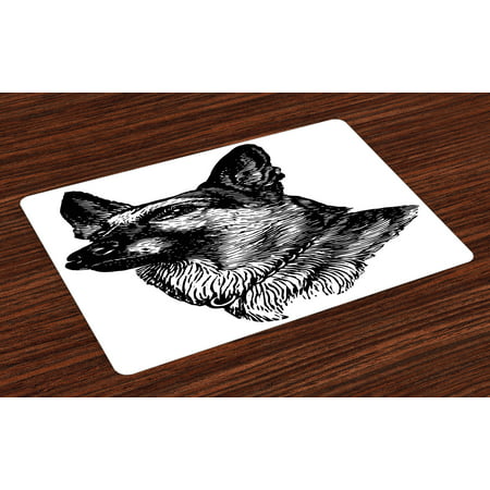Animal Placemats Set of 4 Pencil Sketchy Image of Dogs Human Best Friend Guardian Police Animal Artwork, Washable Fabric Place Mats for Dining Room Kitchen Table Decor,Black and White, by