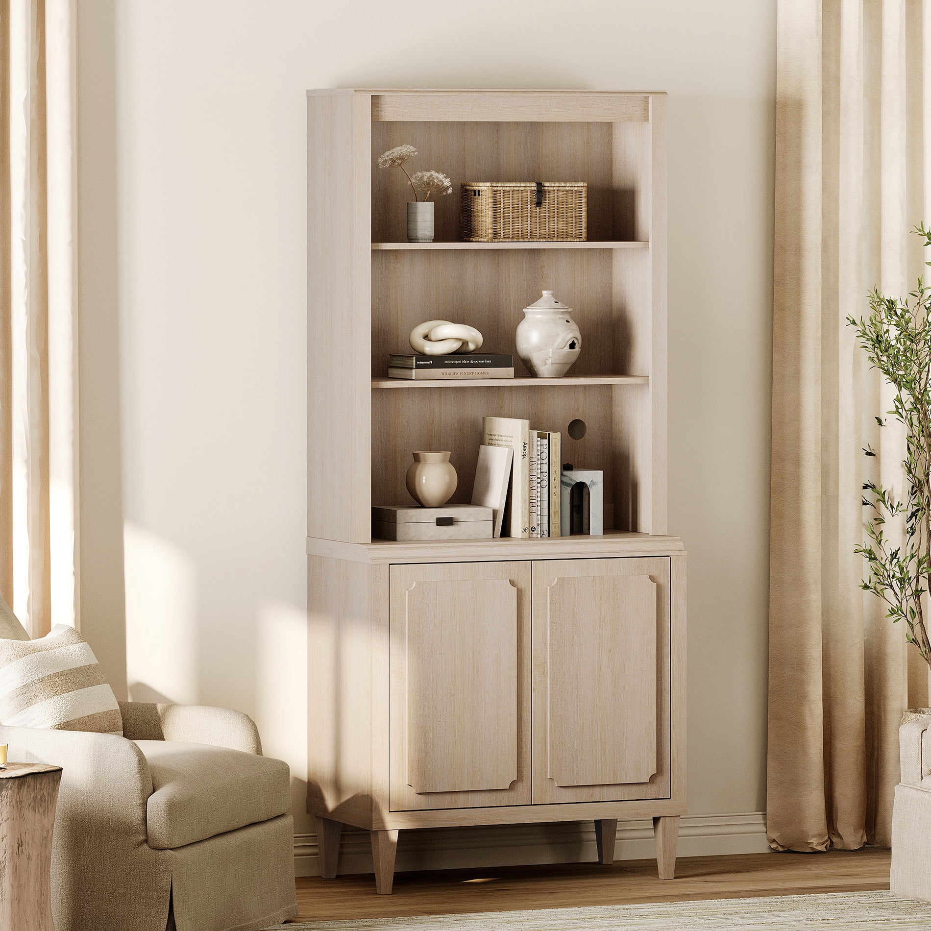 Tall Bookshelf with Doors, 72.8 Inch Large Wood Bookshelf with Storage