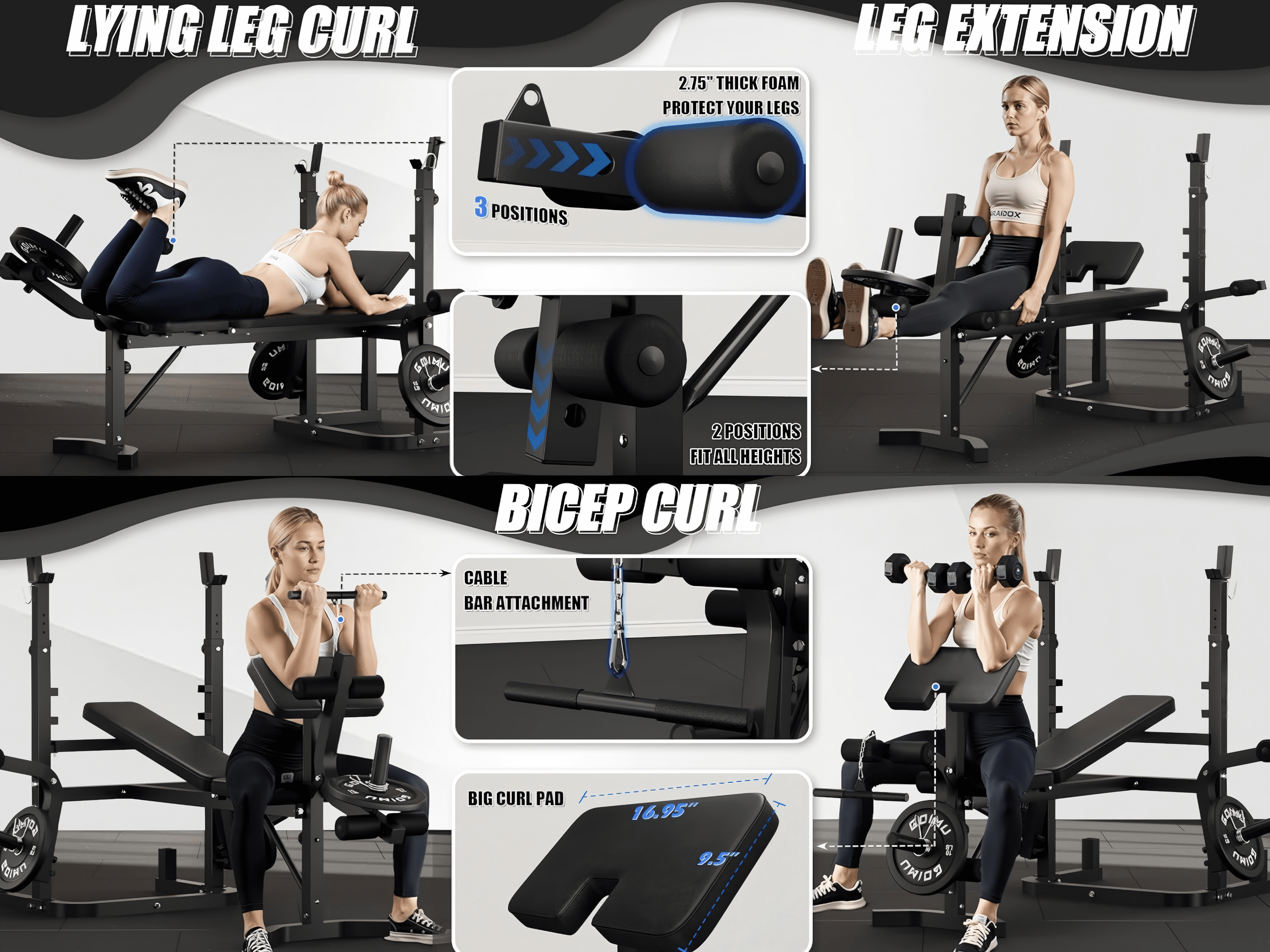 9-in-1 Olympic Weight Bench, 900LBS Capacity Adjustable Bench Press with Leg Extension, Preacher Curl & Lat Pulldown, Home Gym Strength Equipment