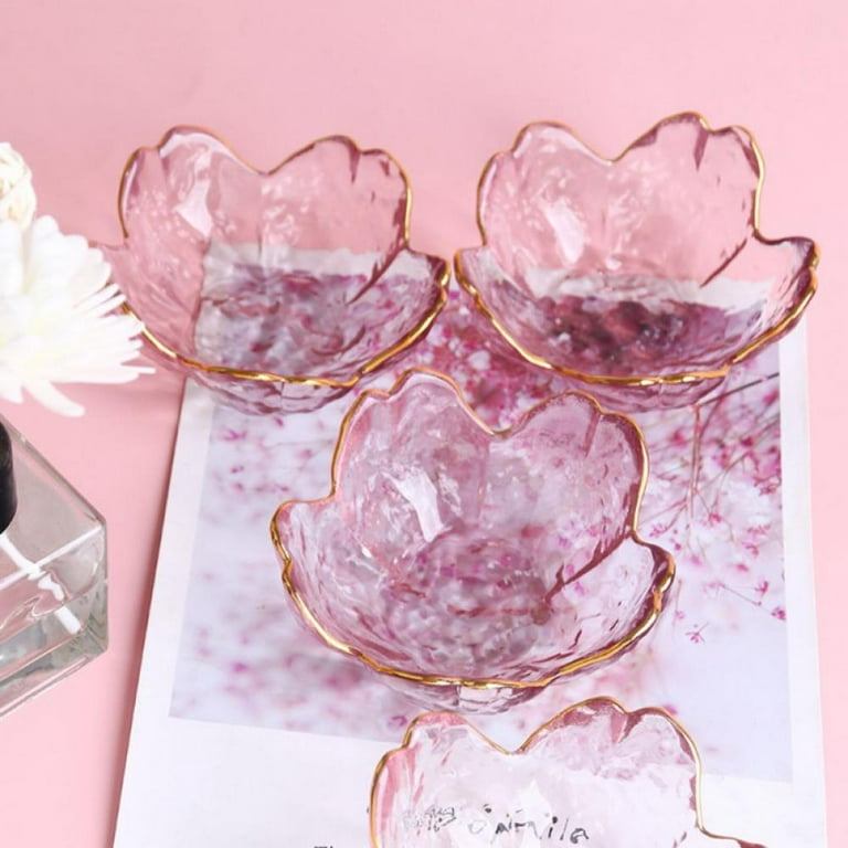 Sdeetesamjun Pink Glass Bowls Set of 4, Trifle Bowl Small Dipping Sauce  Cups- Japanese Sakura Flower Cherry Blossom Shaped Bowl Decorative Bowl For