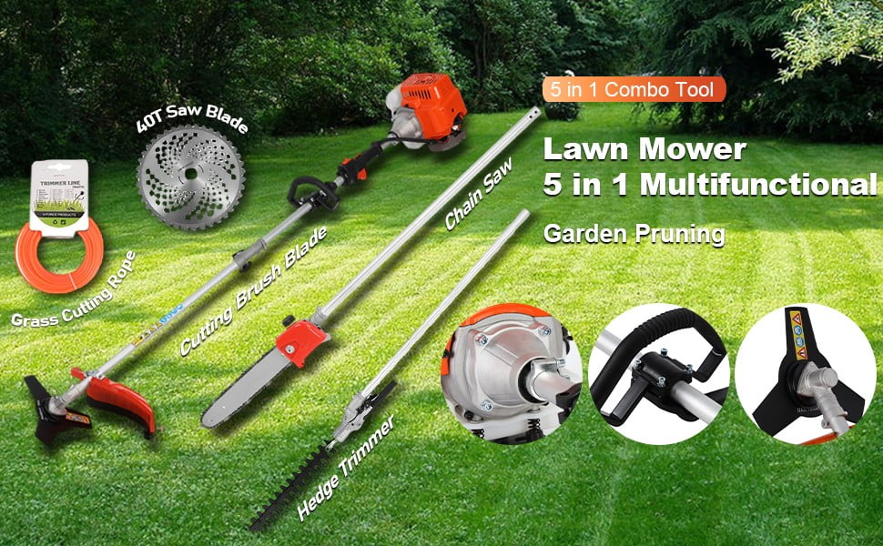 Floseru Powerful 52cc 5 in 1 Multi Functional Trimming Tools,Gas Hedge Trimmer,String Trimmer, Weed Eater, Pole Chainsaw with Extension Pole and Brush Cutter