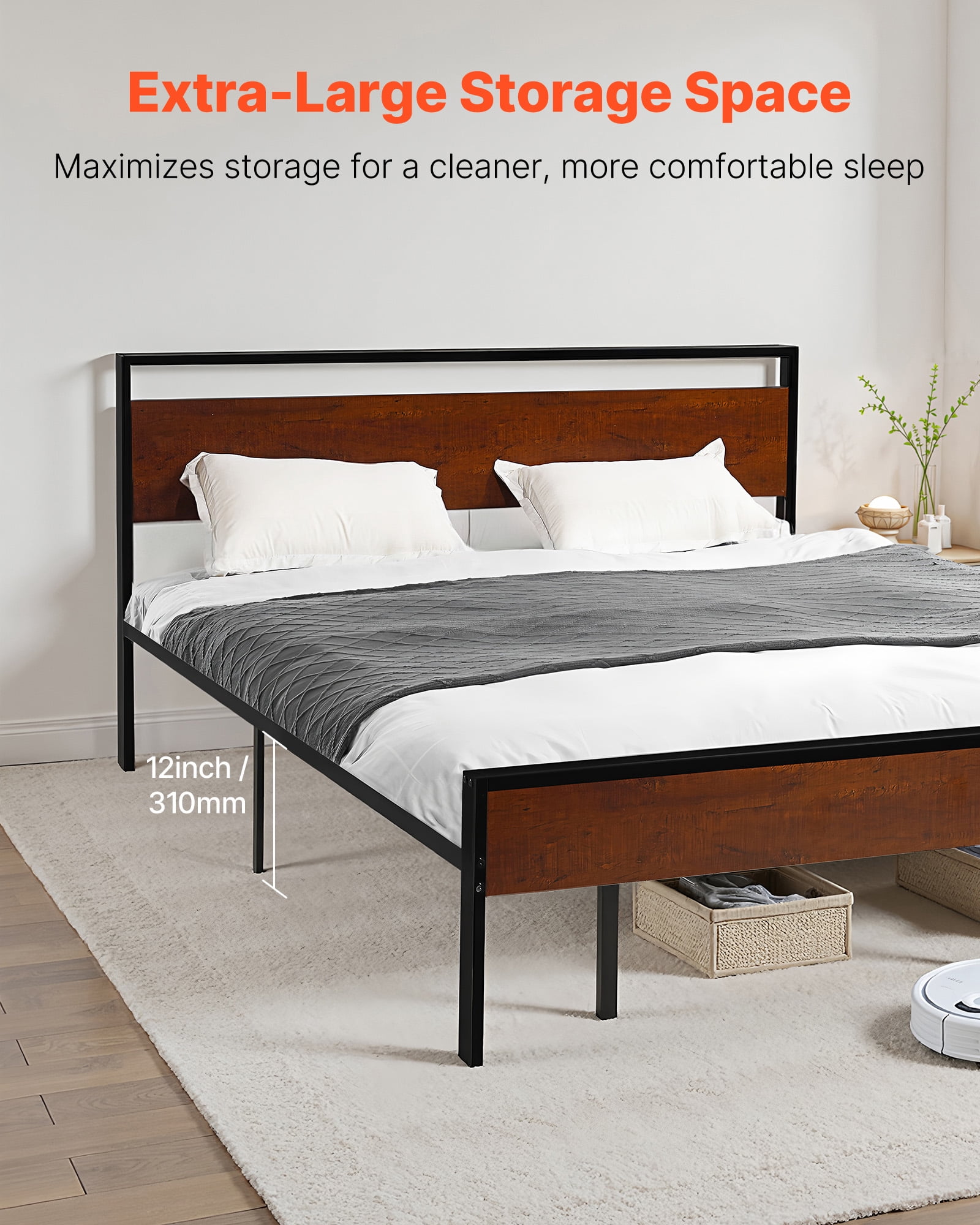 VEVOR King Size Bed Frame, 14 Inch Black Metal Platform Bed Frame with Retro Brown Wooden Headboard and Footboard, Large Under-Bed Storage, Non-Slip Without Noise, No Box Spring Needed, Easy Assembly