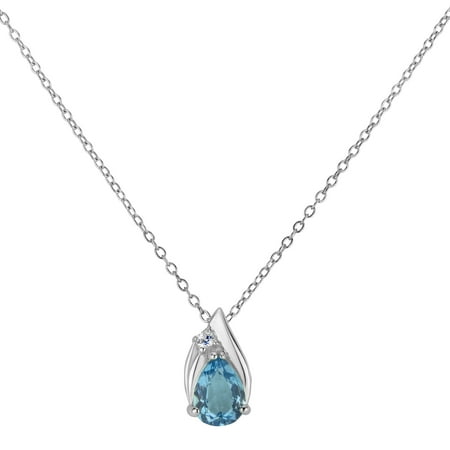 Blue Topaz Pendant 18' Chain - Sterling Silver Rhodium Plated Baby Blue Topaz And Created White Sapphire Pearshaped Pendant Necklace 18 Inches