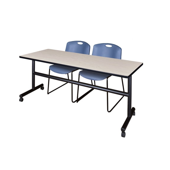 Regency Kobe 72 x 30 in. Flip-Top Training Nesting Table- Maple, 2 Zeng Stack Chairs- Blue