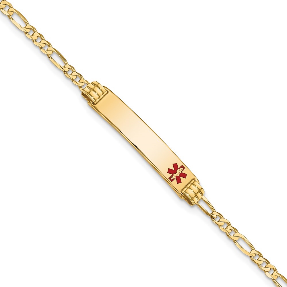 Auriga 14K Yellow Gold Red Enamel Figaro Id Bracelet 8 inch for Women(L- 8inch, W- 5.5mm)