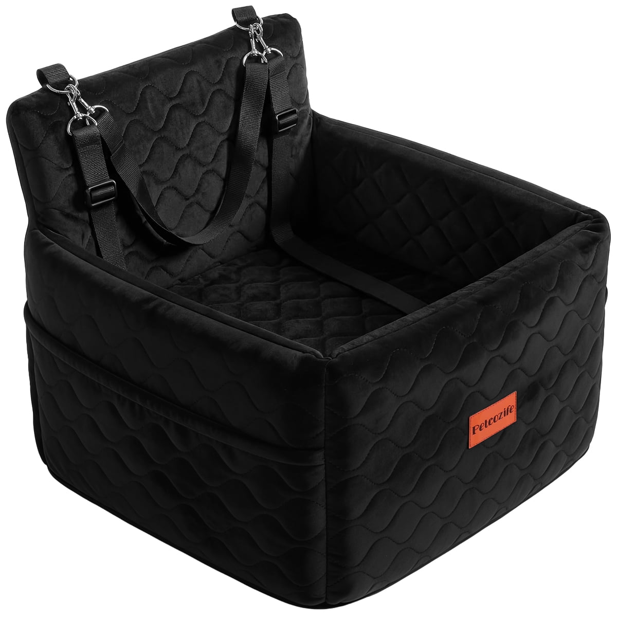 Dog Booster Car Seat for Small/Medium Dogs Up to 35lbs, DOMIPET Pet Car Travel Bed with Storage Pockets & Safety Belt, Elevated Cushion Fully Detachable and Washable