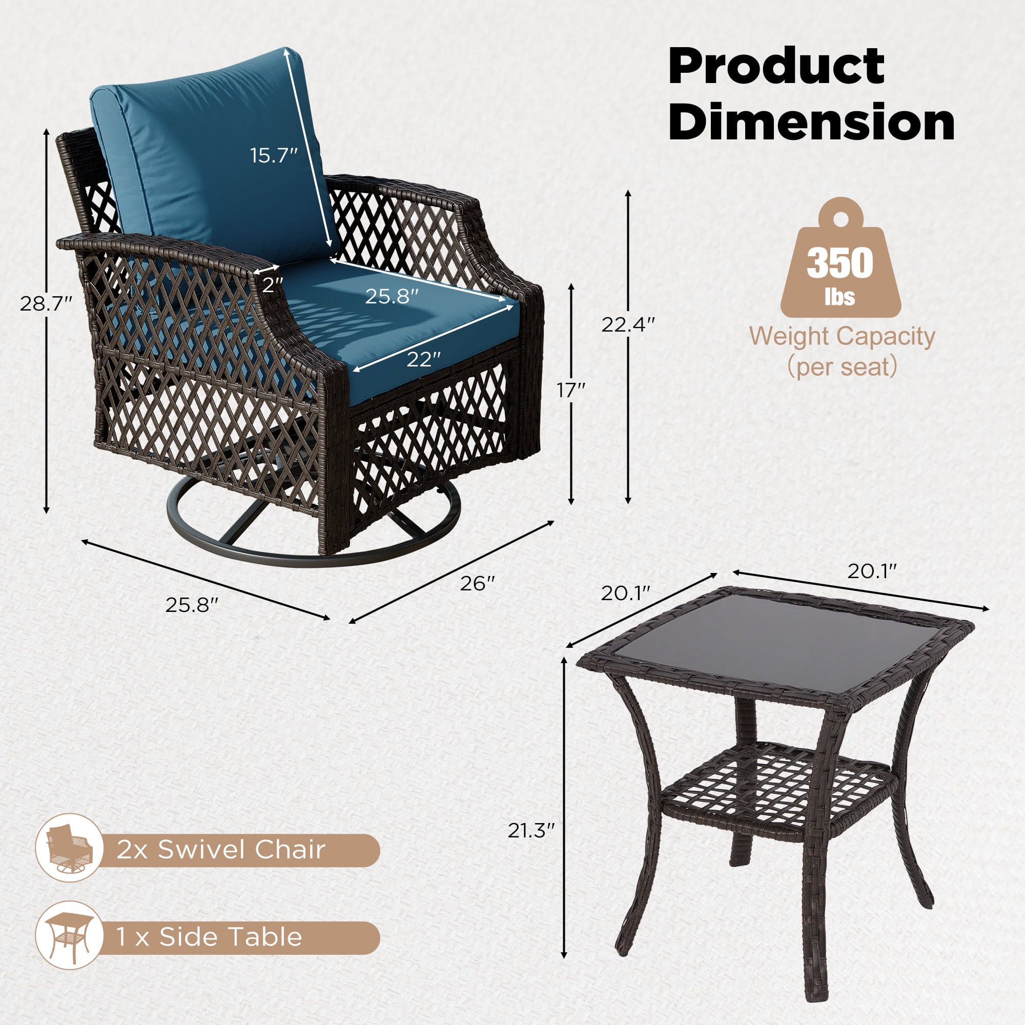 Vicluke 3 Piece Outdoor Swivel Chair Set, Wicker Patio Bistro Set with Thickened 25D Cushions and Glass Coffee Table, Patio Furniture Conversation Set for Deck, Yard, Garden, Poolside(Turquoise)