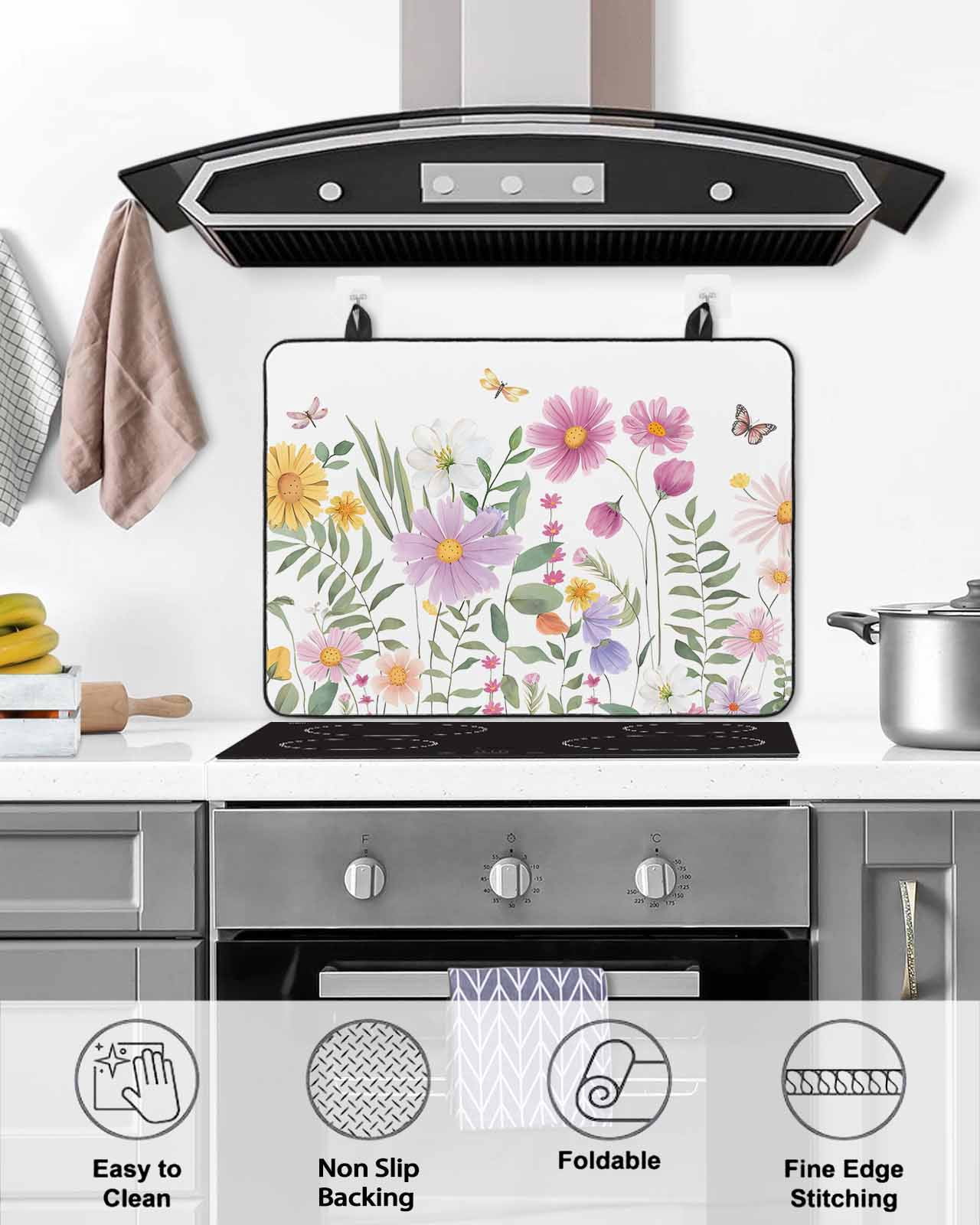 nqOlkjepod Large Induction Cooktop Protector Mat 24"x21", Botanical Floral Stove Top Covers for Electric Stove, Spring Colorful Flowers Butterfly Stove Burner Cover Mats, Glass Top Stove Cover