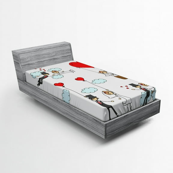 Ambesonne Funny Fitted Sheet, Newlyweds Caricature, Twin Size, Red Mint Green Grey