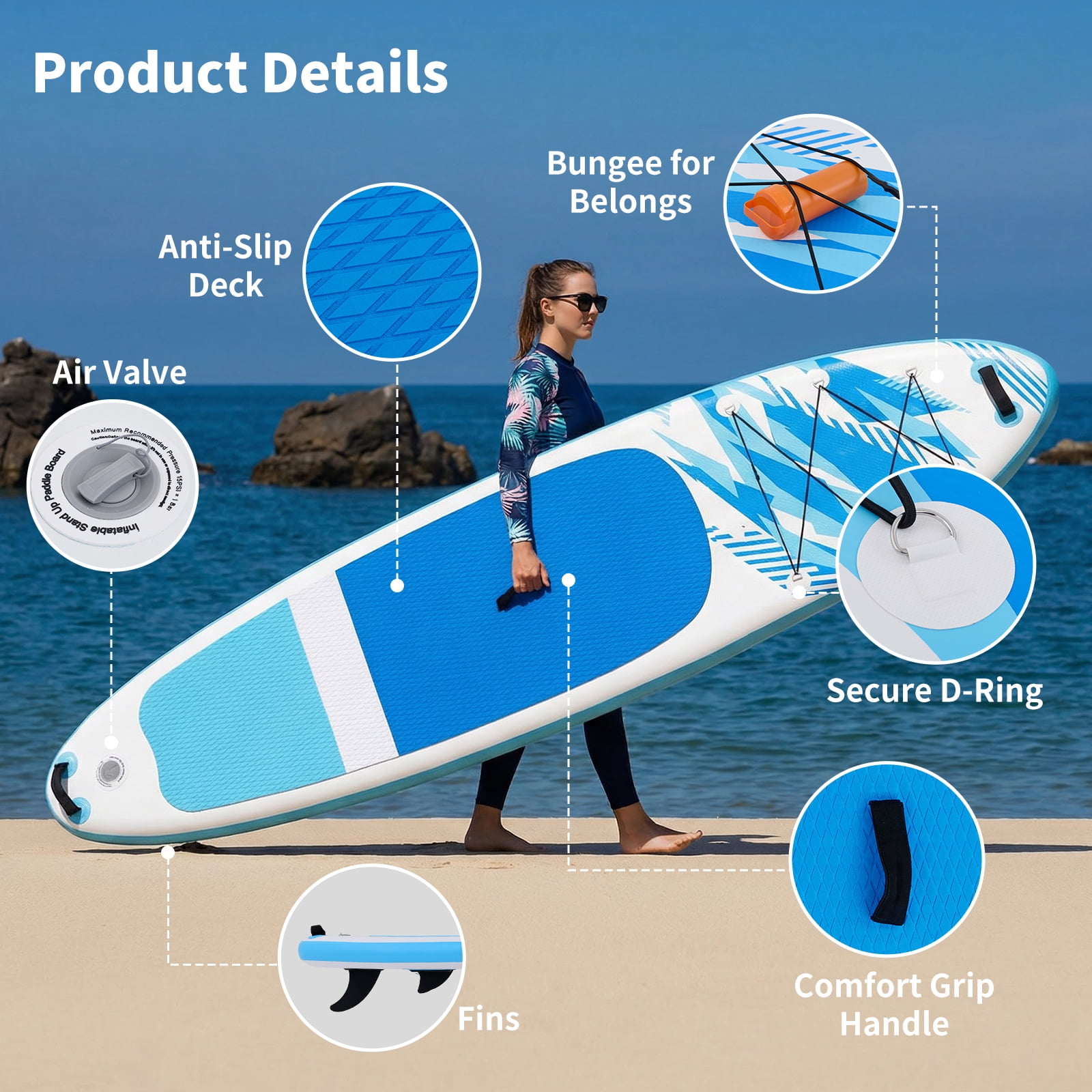 SHOUFTW Inflatable Paddle Board,Equipped With SUP Paddle Board Accessories, The Non-slip EVA Deck Design Restarts The Surfboard,Surfboard for Youth&Adults of All Skill Levels,Blue White