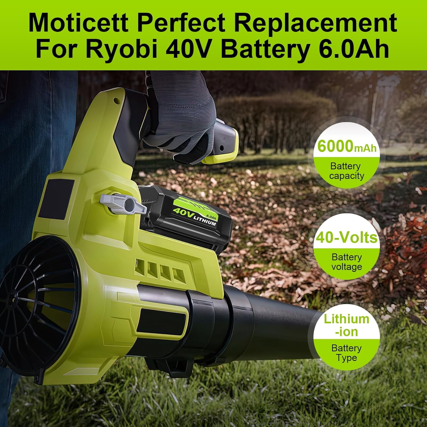 2-Pack 6000mAh Replacement for Ryobi 40V Battery and Charger Combo Compatible with Ryobi Battery 40V OP4026 OP40601 OP4050A OP4040 OP4030 OP4050 Replacement for Ryobi 40 Volt Charger