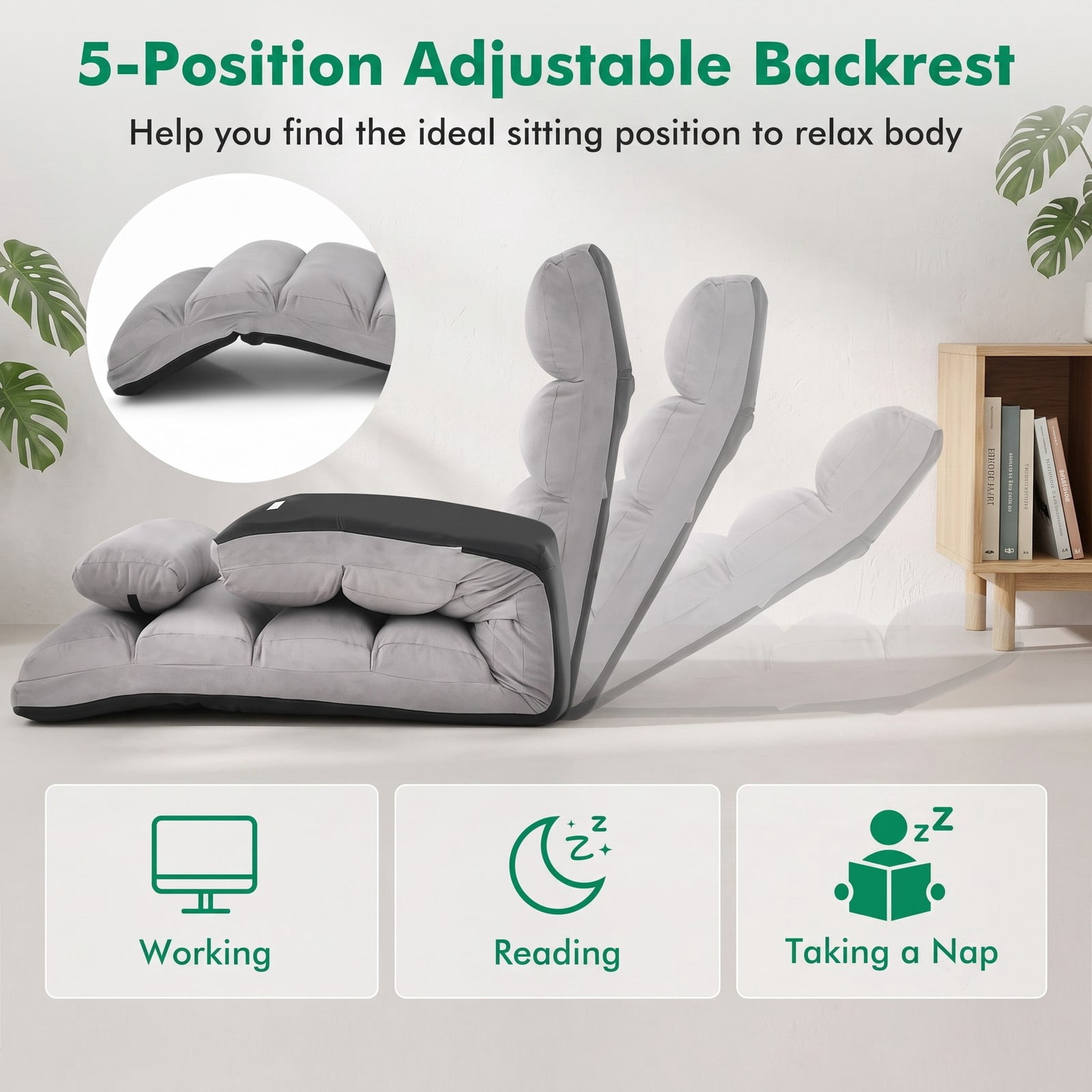 Furnibear Folding Lazy Sofa Floor Chair, 5-Position Adjustable Faux Suede Padded Recliner Lounger with Steel Frame and Free Pillow for Gaming Reading TV, Gray