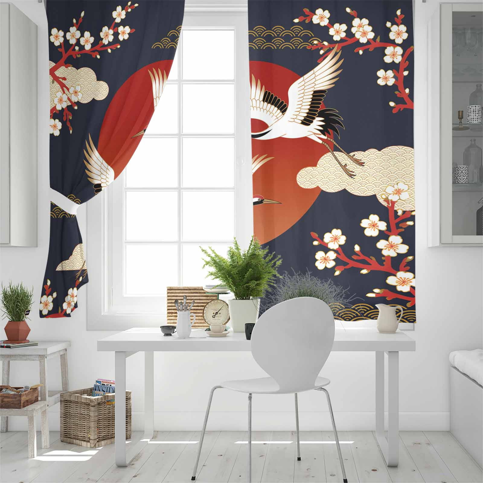 Japanese Style Blackout Curtains for Bedroom/Living Room, Thermal Insulated Kitchen Curtains, Modern Cranes Cherry Flower Wave Red Blue Grommet Darkening Window Treatment Drapes 52"x63"x2