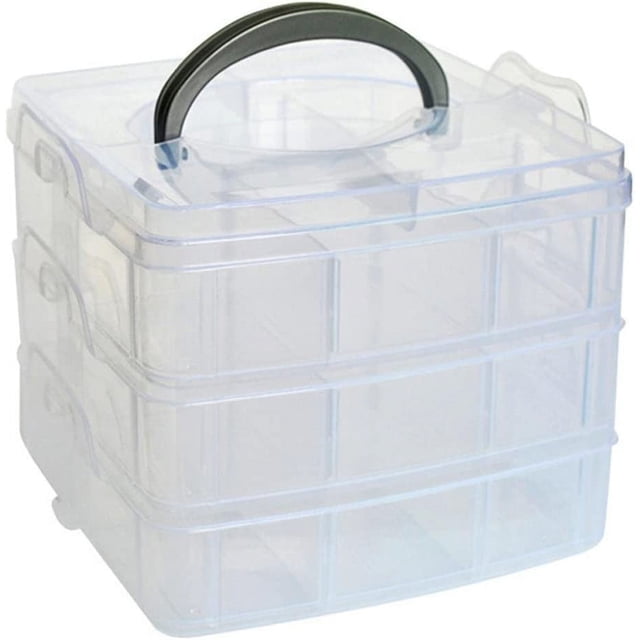 3 Tier Stackable Storage Container Box with Handle, Multicolor Plastic Craft Organizer Case with 18 Adjustable Compartments for Tapes, Art Supplies, Jewelry (5.9 x 5.83 x 4.88 in)