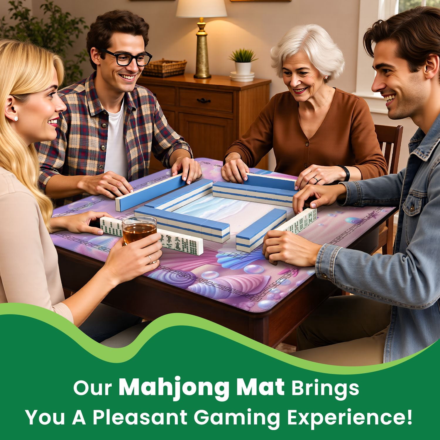 Mahjong Mat 31.5" x 31.5" Pastel Seashells Starfish Sandy Beach Bubbles Ocean Waves Non-Slip Noise Reduction American Mahjong Tiles Table Cover for Dominoes Poker Card Board Games Gift