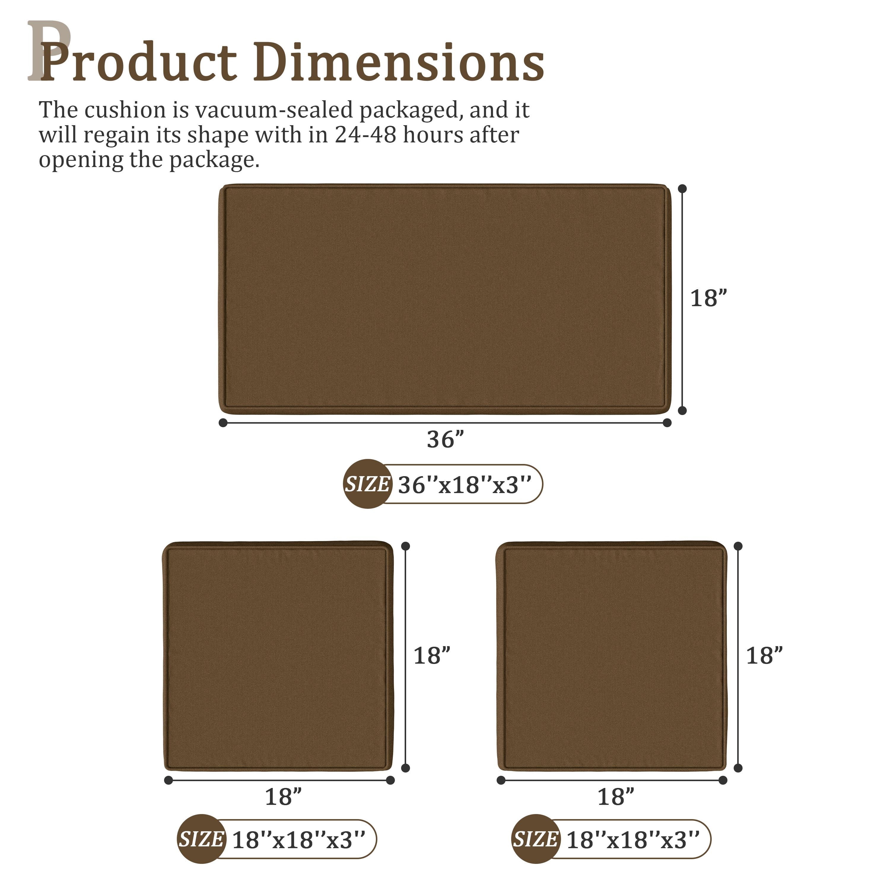 Snubbull 3 Pack Outdoor Replacement Cushions for 4-Seater Wicker Rattan Loveseat Sofa Chair Patio Furniture, 36 x 18 x 3,18 x 18 x 3, Chocolate