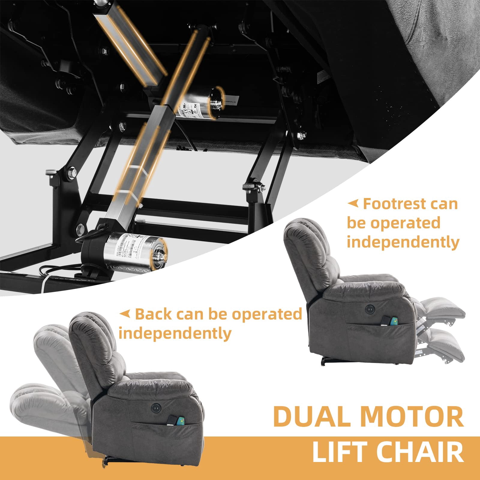 W WARMHOL Lay Flat Sleeping Dual Motor Electric Lift Recliner w/Heat Massage for Big People, Large Infinite Position Reclining Chair Up to 350 LBS for Living Room, 2 Remote Controls/USB Port, Grey