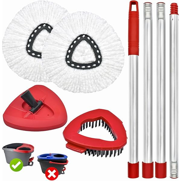 wonima02 Spin Mop Heads Replacements for O Ceda EasyWring 1-Tank System, 4-Section Stainless Steel Mop Handle, 2 Microfiber Mop Head Refills, 1 Base and 1 Scrub Brush Combo Set for Floor Cleaning