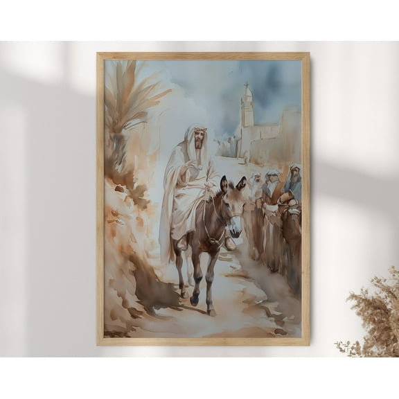 Jesus On A Donkey Entering Jerusalem Poster By Wallency - Watercolor Christian Wall Art, Jesus Painting, Christian Gift - Optional Frame Wall Art, Modern Wall Decor, 8x12 UNFRAMED