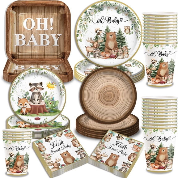 96Pcs Woodland Baby Shower Party Decorations,Safari Jungle Animal Birthday Party Plates Napkins Cups Disposable Tableware Paper For Adults Kids Baby Shower Serves 24