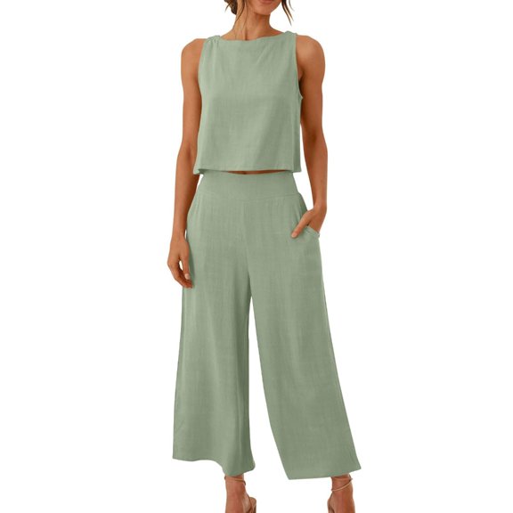 Aellinatey Women's 2 Piece Outfits Sleeveless Crop Top Vest Wide Leg Pants Linen Cotton Leisure Beach Suit