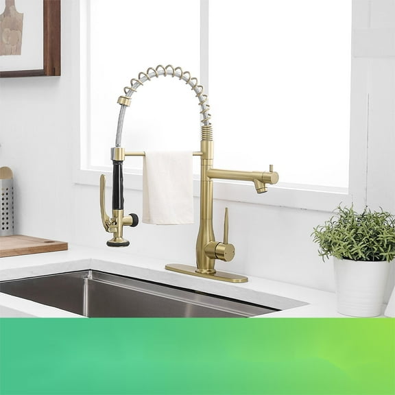Commercial Brushed Gold Kitchen Faucet with Pull Down Sprayer, High Arc Faucet with Deck Plate, Single Handle Swiveling Kitchen Sink Faucet