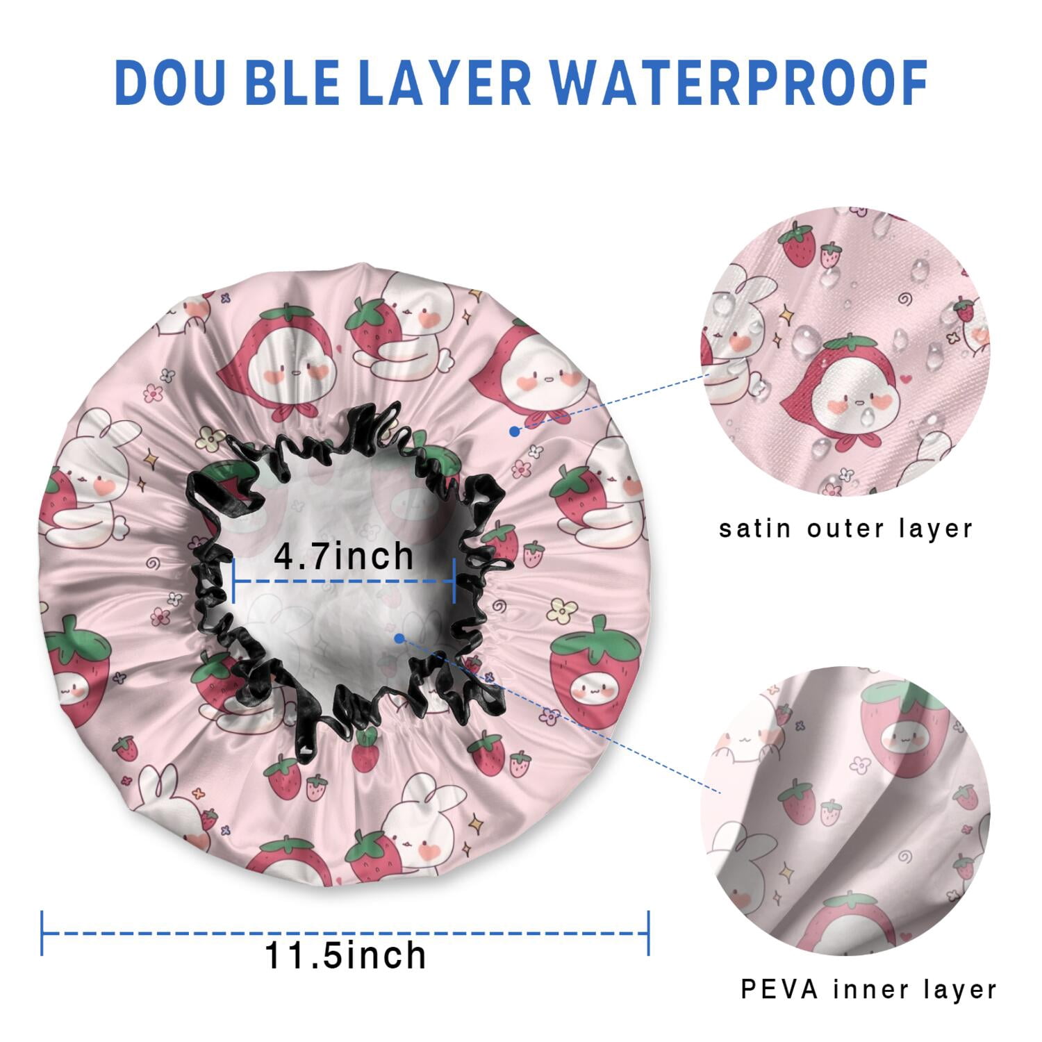 Shower Caps,Red Strawberry Plants Fruit Rabbit Pink Pattern Waterproof Shower Cap for Women 4 Pieces,Double Reusable Hair Cover for Shower PEVA Elastic Stretch Hem
