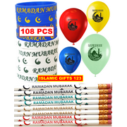 Ramadan Favors 108 PCS Ramadan Wristbands + Pencils + Balloons Ramadan Mubarak Decor Eid Party supply*Islamic Gifts 123 Ramadan Decor Eid