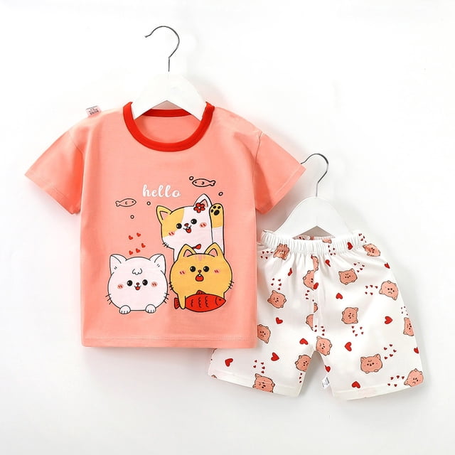 TopLLC Ensembles de Blouses et Chemises à Manches Courtes Col Rond Bébé Été Garçon Mignon Imprimé Col Rond Ensemble de Shorts à Manches Courtes Ensemble Fille