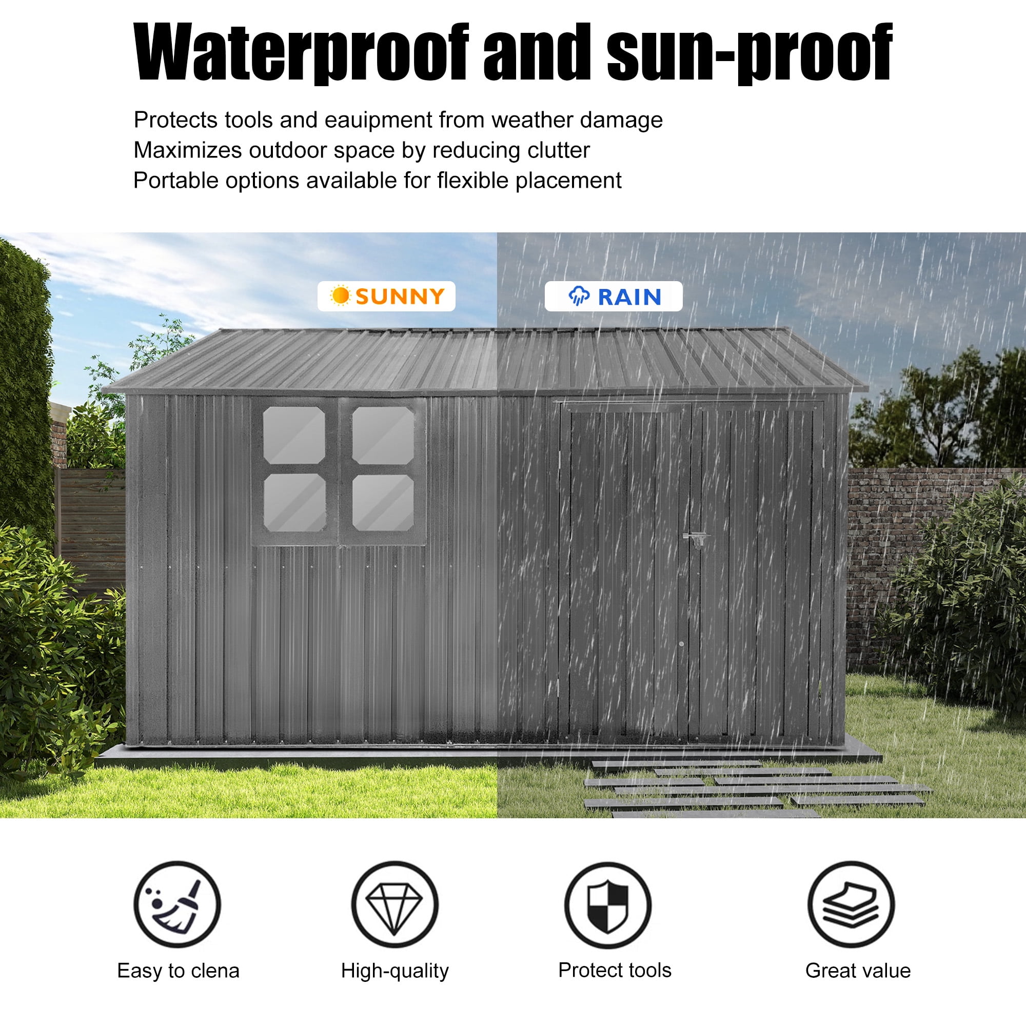Aukfa 10FT x 8FT Outdoor Storage Shed, Metal Shed Storage with Window, Roof Slope Tool Shed with Door and Padlock for Backyards, Patio Lawns and Outdoor, Gray