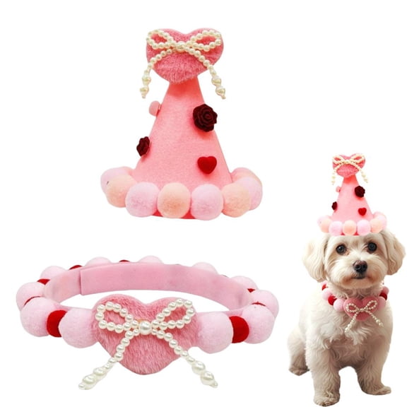 2 Pcs Valentine's Day Dog Costume Set Including Pink hat and collar for small Dogs Holiday Outfit Accessory