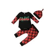 AvoDovA Newborn Baby Boys Girls My First Christmas Clothes Set Letter Print Long Sleeve Romper Plaid Trousers Hat 0-3 Months