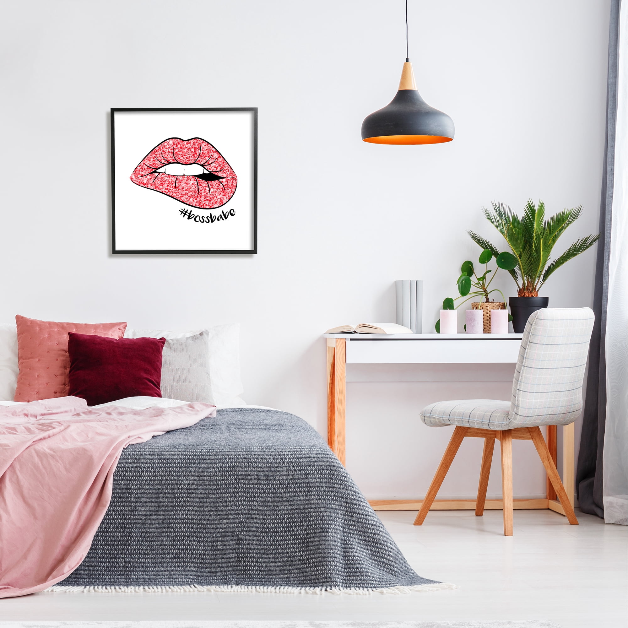 Stupell Industries Hashtag Bossbabe Glam Lips Beauty & Fashion Painting Black Framed Art Print Wall Art