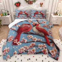 Homewish Cardinal Bird Bedding Comforter Set,Japanese Cherry Blossom Twin Comforter Sets,Pink Red Blue Bedding Set For Girls Kids,Luxury Bedroom Decor Reversible,2-Piece