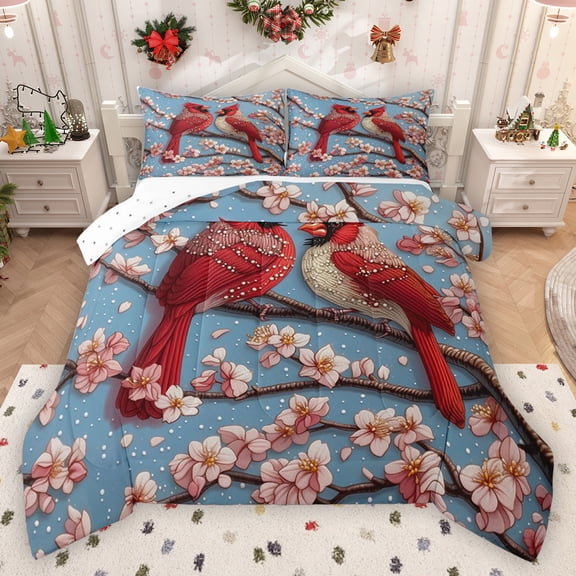 Homewish Cardinal Bird Bedding Comforter Set,Japanese Cherry Blossom Twin Comforter Sets,Pink Red Blue Bedding Set For Girls Kids,Luxury Bedroom Decor Reversible,2-Piece
