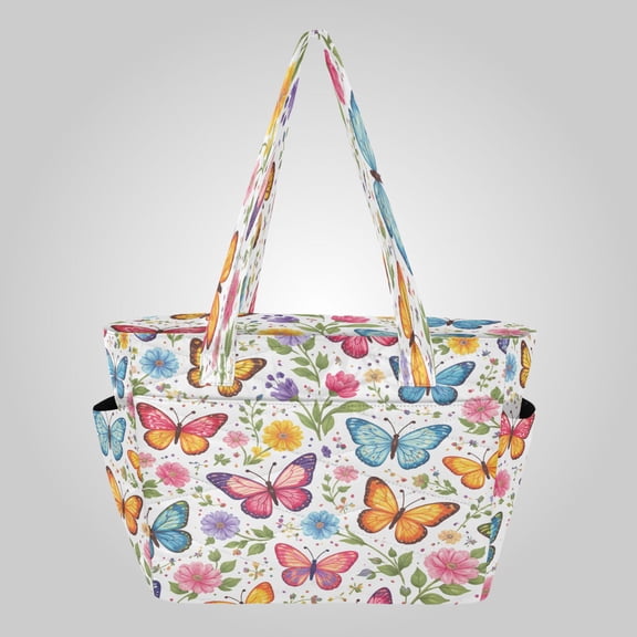 Quilted Tote Bag Large Capacity Multi-Compartment Handbag Lightweight Structured Shoulder Bag Versatile Casual Bag Bright Butterflies Green Leaves