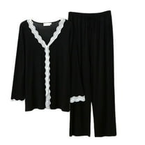 Defitshape Women's Cute Pajama Set Soft Lace Long Sleeve Button Down Shirt Capri Pants Set Lightweight 2 Piece V Neck Pjs Sleepwear Pockets Black Large-X-Large