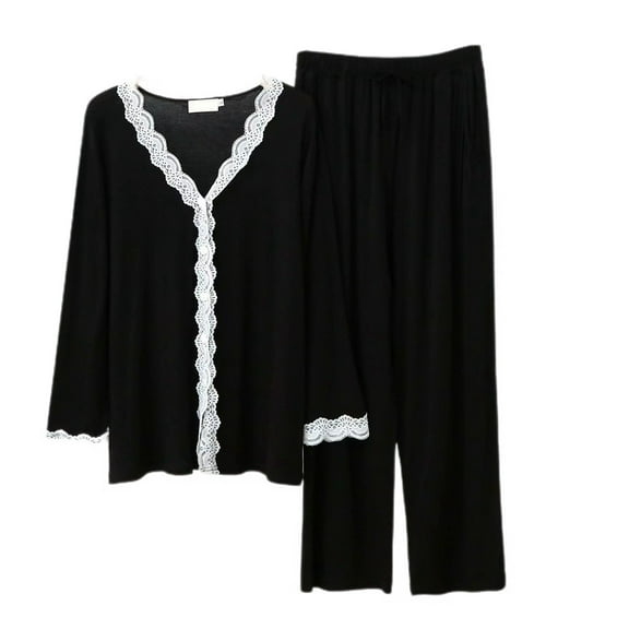 Defitshape Women's Cute Pajama Set Soft Lace Long Sleeve Button Down Shirt Capri Pants Set Lightweight 2 Piece V Neck Pjs Sleepwear Pockets Black Large-X-Large