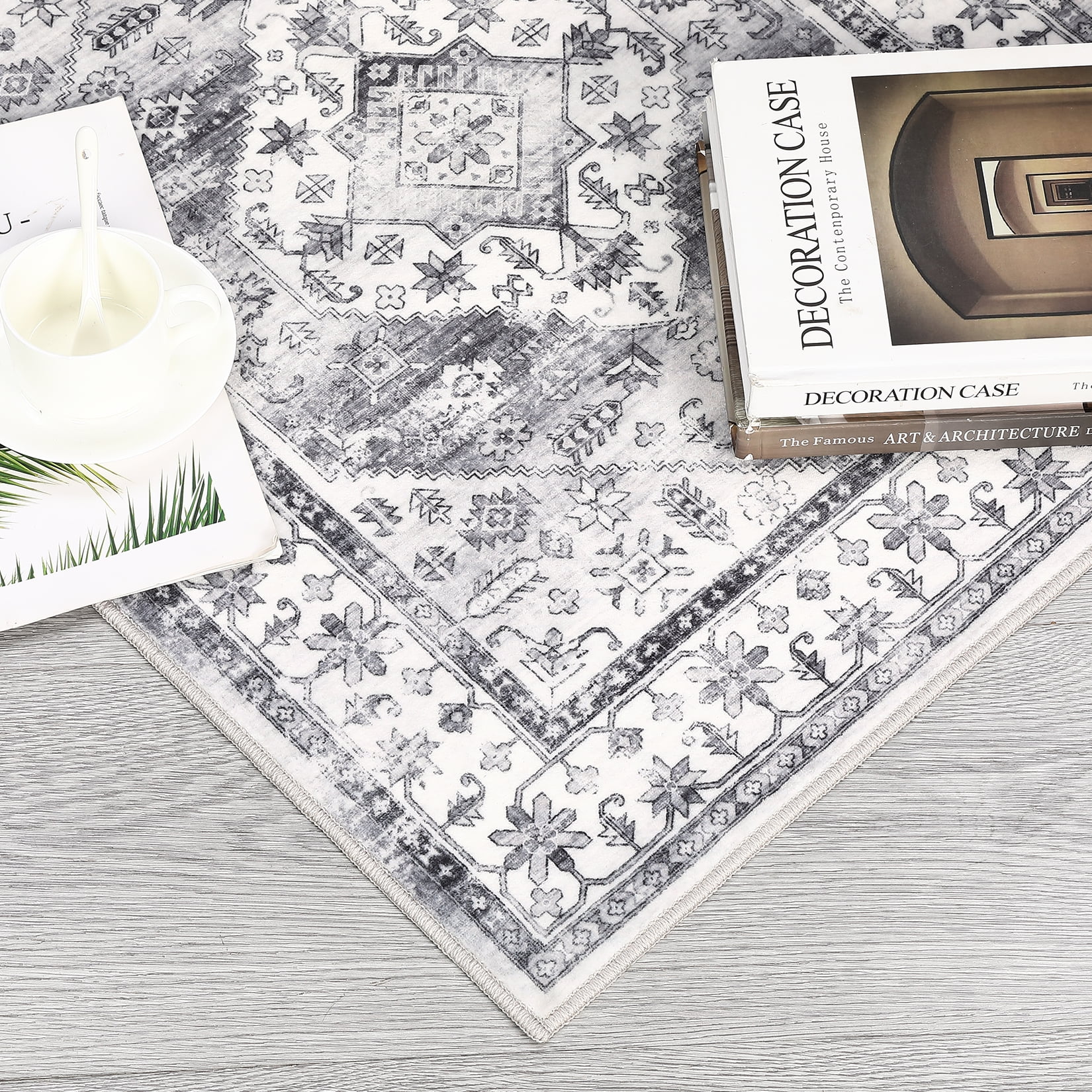 Garvee 8'x10' Washable Rug Vintage Persian Rug Floral Rug Non-Slip Oriental Distressed Throw Carpet for Dining Room Home Office, Gray