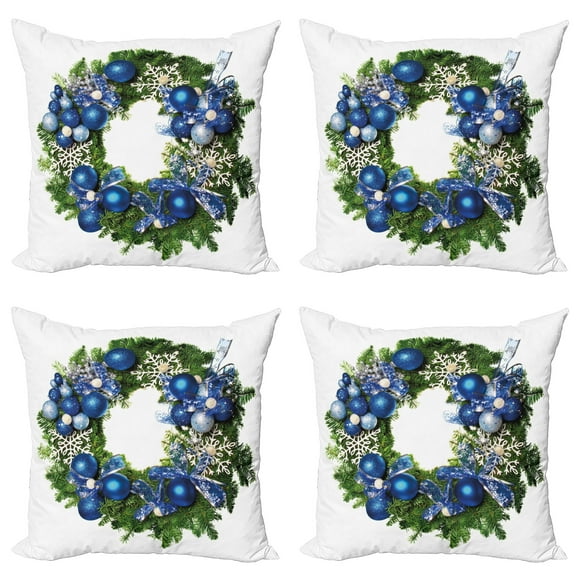 Ambesonne Christmas Throw Pillow Cover 4 Pack, Snowflakes Wreath Ornate, 24", Green Blue