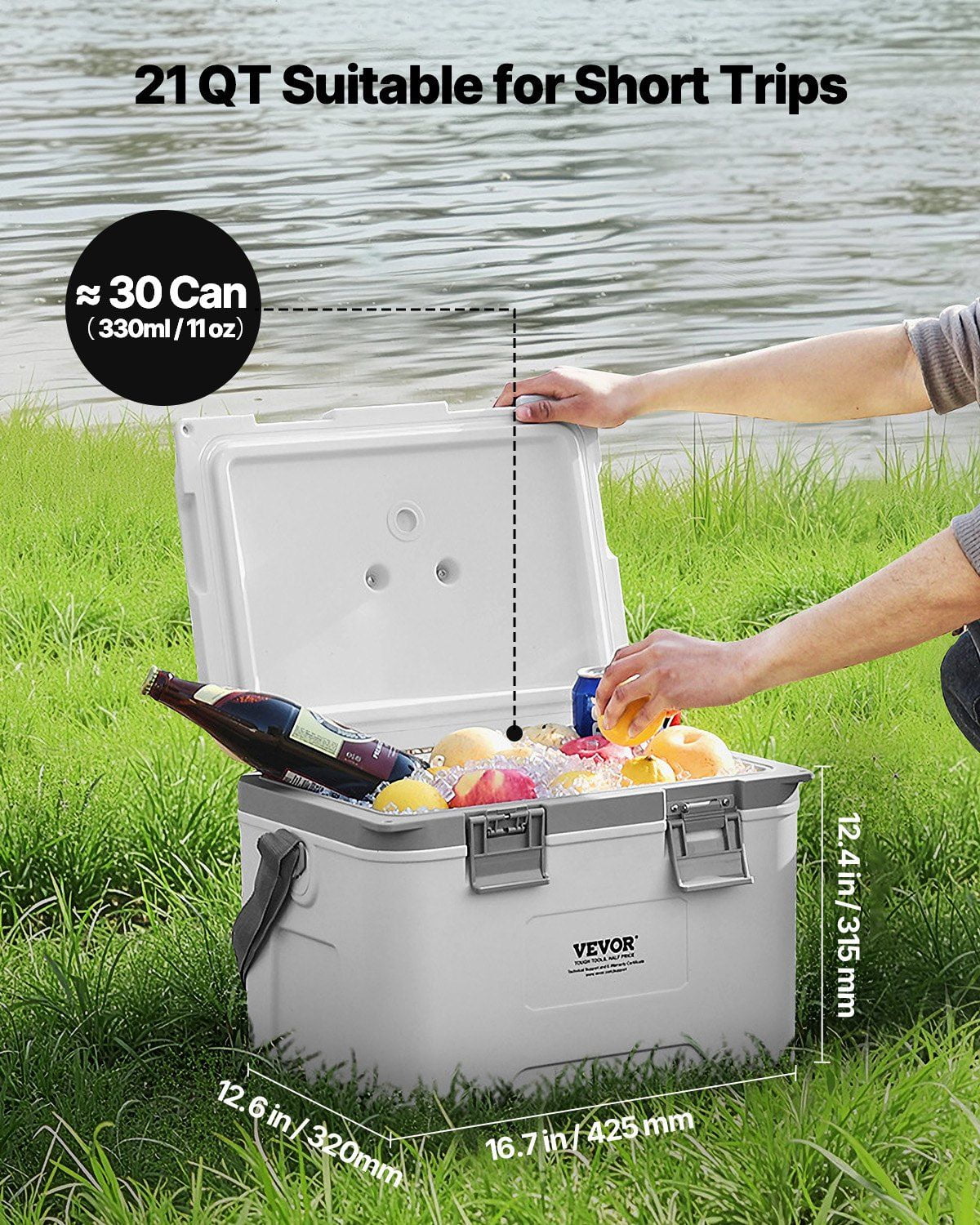 Outdoor Hard Cooler 21 QT - Insulated, Holds 30 Cans, Includes Handles & Adjustable Strap