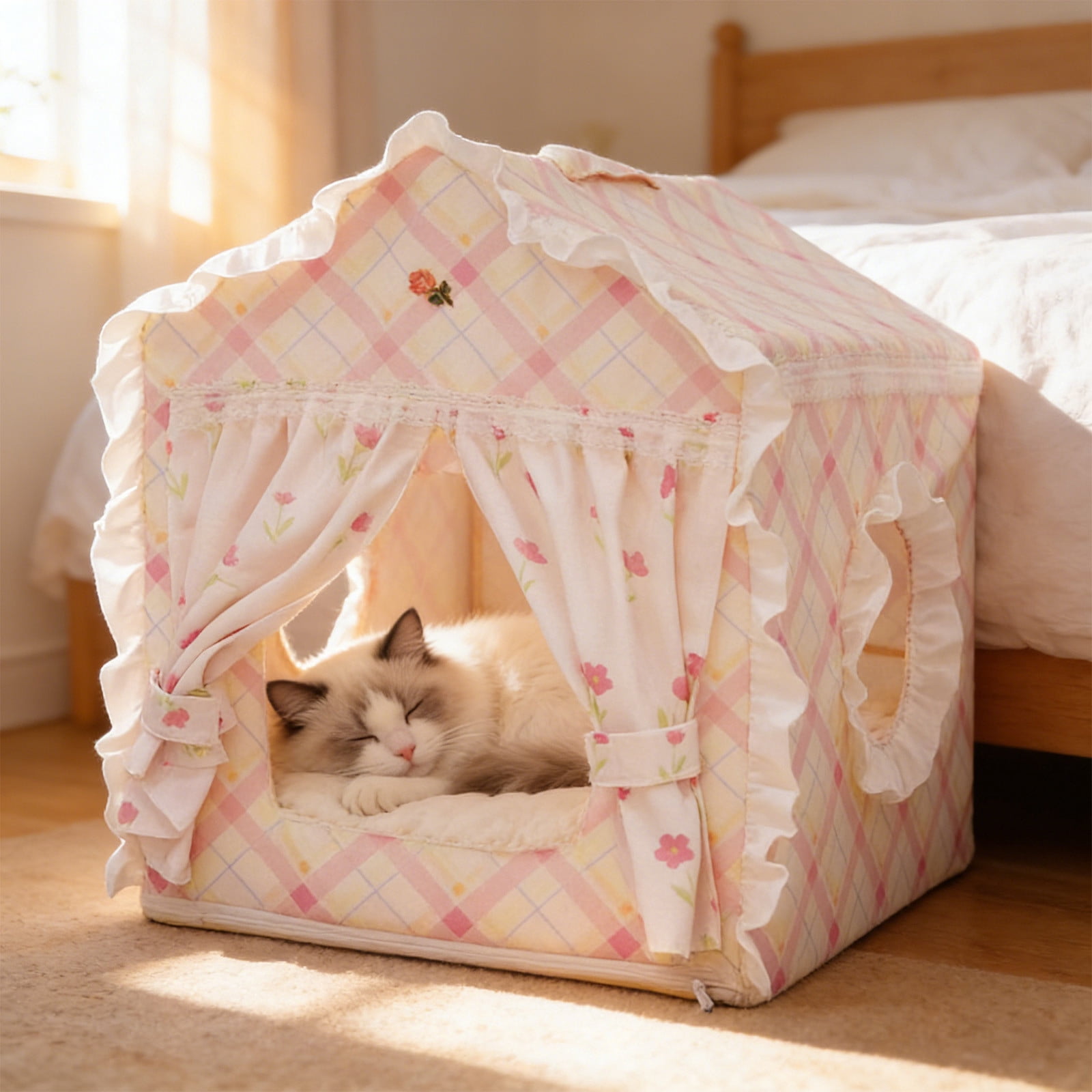 Indoor Dog House with Frame, Cute Dog Tent Bed with Cover Cave, Breathable, Washable, and Foldable House, Suitable for Puppy and Cats Pink