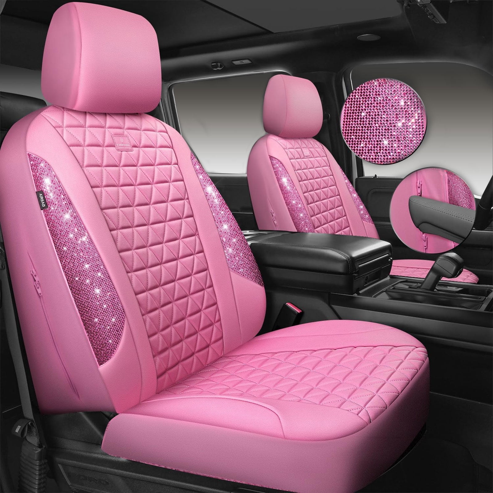 CAR GRAND Bling diamond leather automotive seat covers full set water proof shining glitter sparkly crystal rhinestone universal armrest fit girl woman lady pink