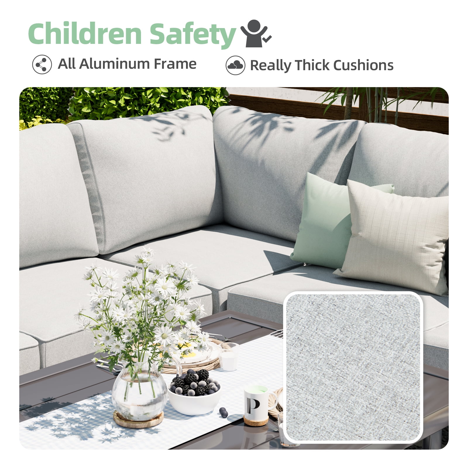 YODOLLA 7 Pieces Aluminum Patio Furniture Sets on sale with Adjustable Coffee Table with Light Grey Cushions